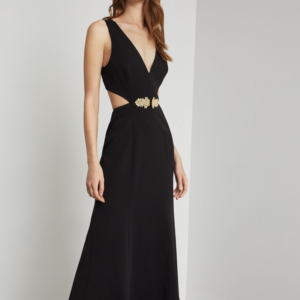 BCBG cutout black gown with gold brooch SIZE 4